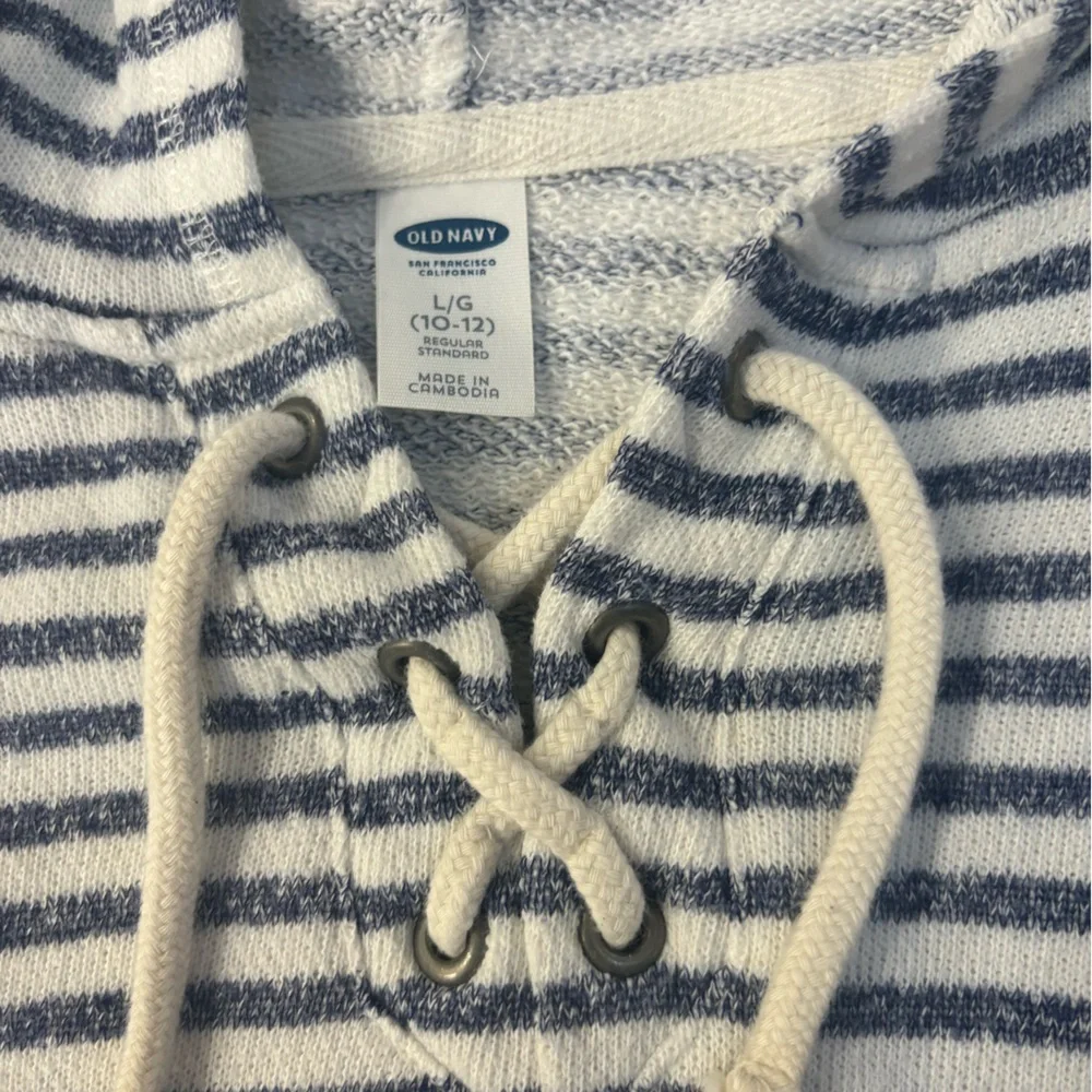 Old Navy Hoodie Kids 10/12 Blue White Striped Lightweight Pullover Coastal Beach